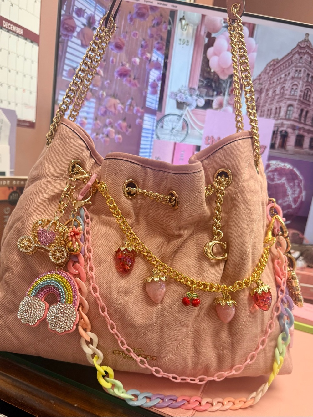 Coach Evelyn Pink Denim Quilted Chain-Accent Drawstring Shoulder Bag